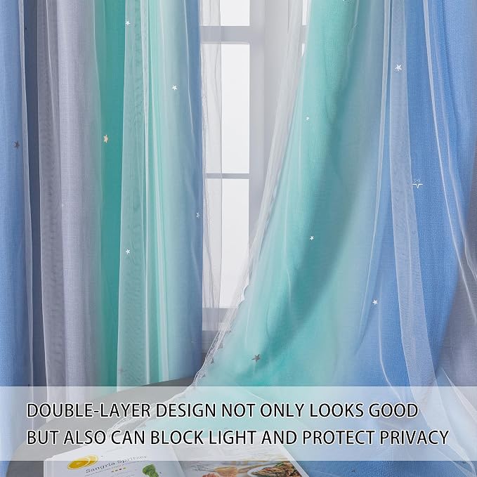 XiDi Dream Star Blackout Curtains for Kids Rooms Girl Princess Curtain for Daughter Bedroom Window (Blue Green Grey, W52 X L84)