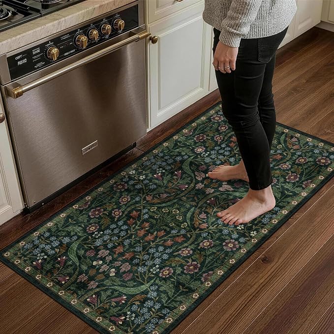 2x4 Washable Runner Rug Kitchen Hallway Area Rug Vintage Boho Floral Ultra Non-Slip Low Pile Soft Faux Wool Carpet Kids and Pets Friendly for Bathroom Bedroom Entryway Nursery Home Rug Green