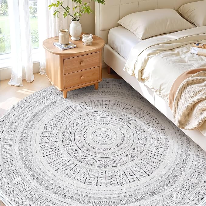 cotiled 8x8 Round Area Rugs Living Room Rug: Washable Boho Rugs with Non Slip Backing Large Soft Indoor Stain Resistant Carpet for Bedroom Farmhouse Dining Room Lightweight Home Decor Dark Grey