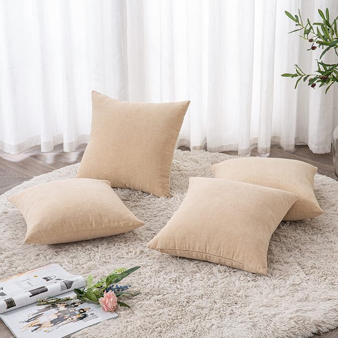 GAWAMAY Decorative Square Throw Pillow Covers 18"x18" Inch Set of 4, Super Soft Chenille Pillows Farmhouse Fall Pillowcase for Living Room Bedroom Sofa Couch Cushion Cover Beige 45x45cm (No Insert)