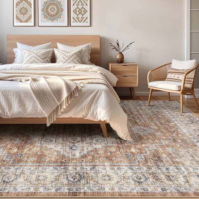 8x10 Area Rugs Living Room: Washable Boho Large Neutral Vintage Soft Rug Stain Resistant Farmhouse Non-Slip Indoor Floor Carpet for Bedroom Nursery Kids Playroom Office Dining Room- Terracotta