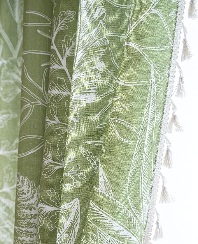 Sutuo Home Boho Curtain 84 Inches Length for Bedroom, Printed Cotton Linen Rod Pocket Rustic Farmhouse Bohemian Tassels Window Treatment, 1 Panel 59" W x 84" L, Green Tropical Leaves