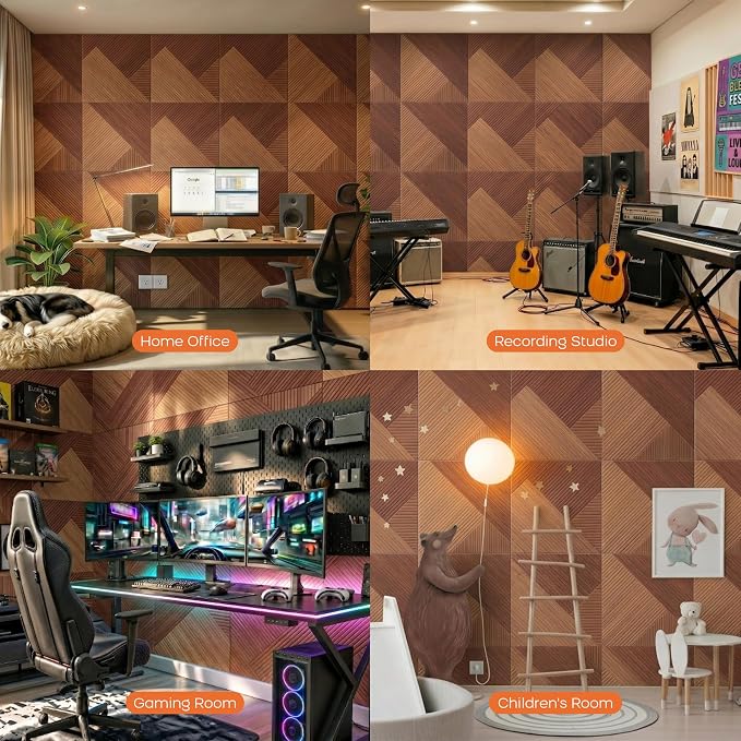 BUBOS 6 Pack Acoustic Wall Panels - High-Density Polyester Sound Absorbing Panels, Decorative Wood Print Treatment for Recording Studio & Home Office, Peel and Stick, 23.6" x 23.6"