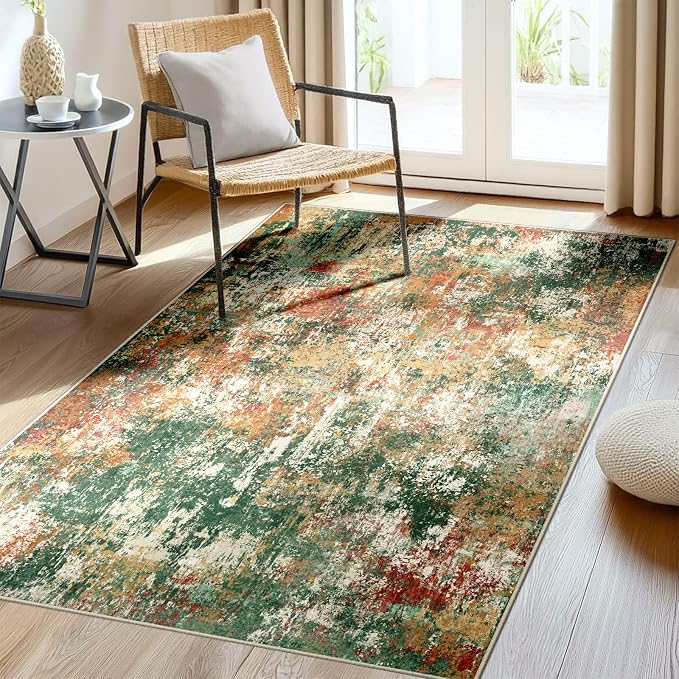 RELEANY Washable Area Rugs 3'x5' Non-Slip Modern Abstract Soft for Living Room Entryway Bedroom Kitchen, Print Pattern, Green Orange Rust Red Cream Colorful