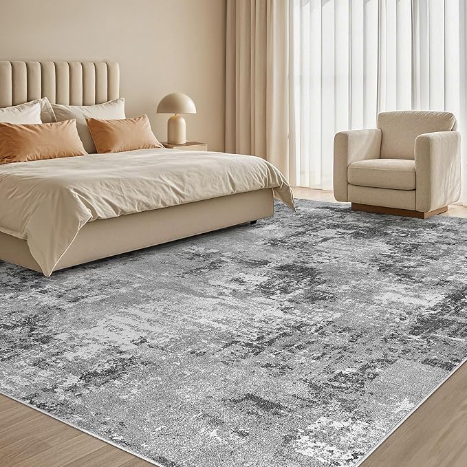 Tortania Washable 10x12 Area Rug for Living Room: Modern Abstract Neutral Large Soft Thin Rugs - Non Slip Indoor Carpet for Bedroom Dining Room Office Nursery Home Floor Decoration - Grey