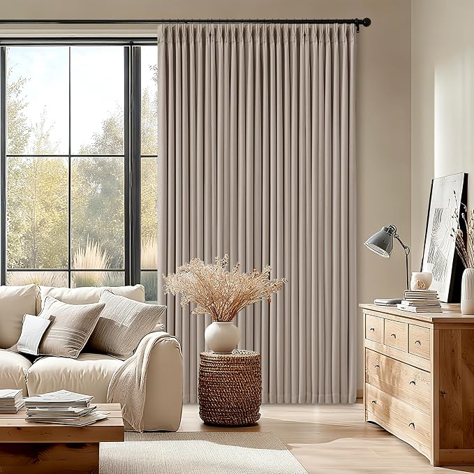 TWODRAPES 92 Inch Long Pinch Pleated Blackout Curtains for Bedroom Living Room Linen Blend 100% Blackout Sliding Door Curtains, Cozy Modern Privacy Protection Curtains 92 Inches Burlywood Birch
