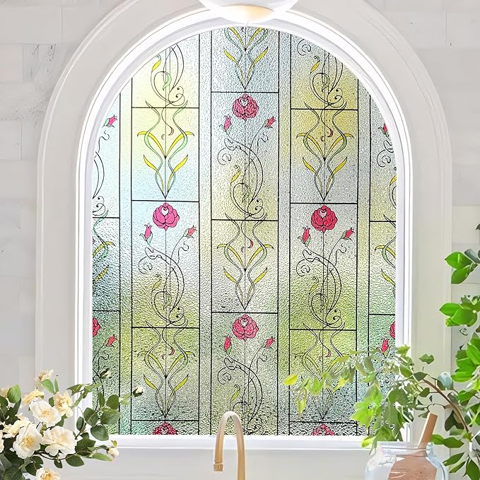 KESPEN WINDOW FILMS Window Privacy Film Stained Glass Frosted Glass Films Decorative Window Film with Rose Flower Static Cling Non-Adhesive Stickers Heat Control for Home, 47.2 Inch X 6.5 Feet