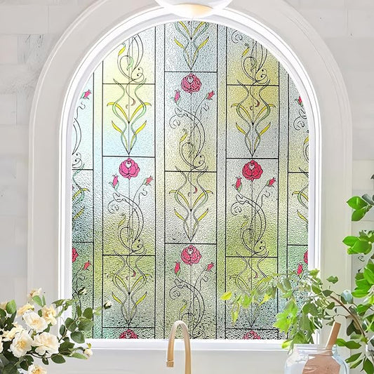 KESPEN WINDOW FILMS Window Privacy Film Stained Glass Frosted Glass Films Decorative Window Film with Rose Flower Static Cling Non-Adhesive Stickers Heat Control for Home, 23.6 Inch X 6.5 Feet