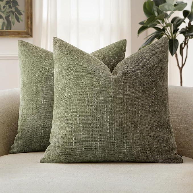 MIULEE Pack of 2 Decorative Throw Pillow Covers Soft Chenille Christmas Throw Pillows Solid Textured Cushion Covers for Spring Couch Sofa Bedroom Living Room 20x20 Inch, Olive Green