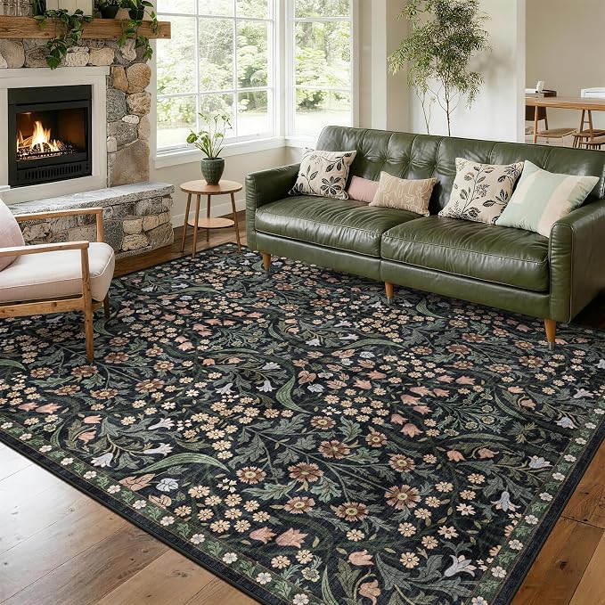 8x10 Washable Area Rug for Living Room, Floral Non-Slip Non-Shedding & Easy Care Soft Low Pile Forest Boho Indoor Floor Carpet for Living Room Bedroom Farmhouse Dining Room Kids Playroom Black