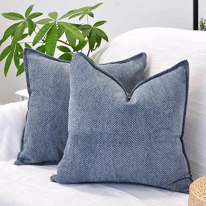 Pillow Covers 20x20 Set of 2 Dusty Blue Modern Mid Century ZigZag Textured Pillowcase Chevron Weave Pattern Velvet Soft Chenille Luxirious Herringbone Cushion Cover For Living Room Couch Sofa Bed