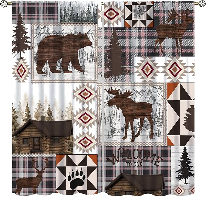 Retro Bear Blackout Curtains Vintage Woodland Wild Animal Country Tribal Southwestern Native Geometry Aztec Hunting Wild Animal Windows Treatments for Kitchen Farm Living Room Bedroom 42x54in