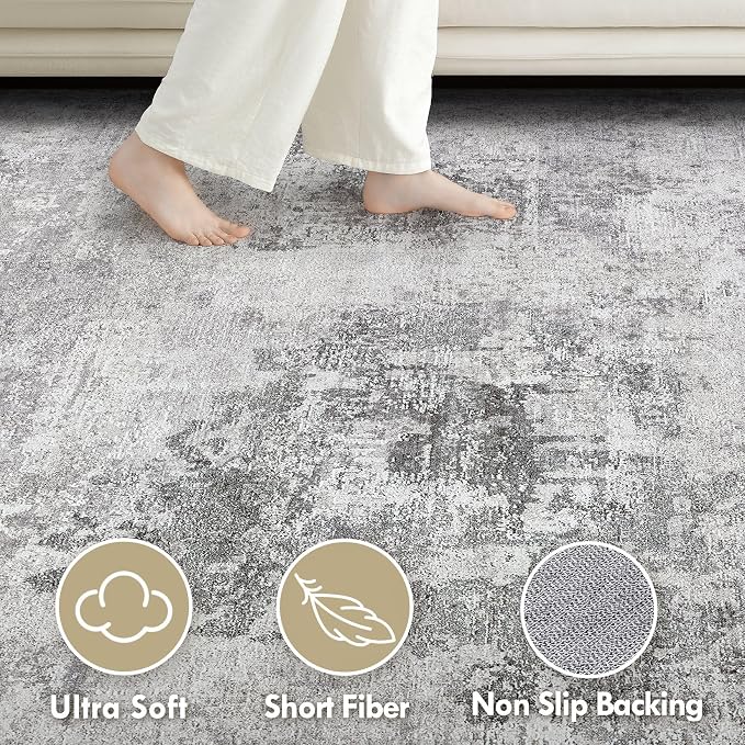 Tortania Washable 5x7 Area Rug for Living Room: Modern Abstract Neutral Large Soft Thin Rugs - Non Slip Indoor Carpet for Bedroom Dining Room Office Nursery Home Floor Decoration - Smoky Gray