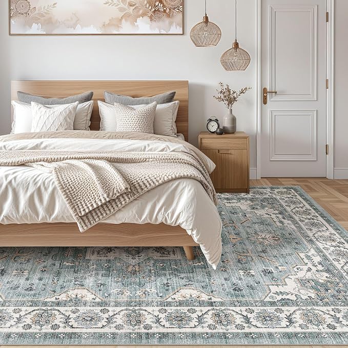 Vintage Living Room Area Rug 5x8 - Large Soft Washable Oriental Traditional Distressed Farmhouse Rugs for Bedroom - Indoor Floor Accent Carpet for Home Office House Decor - Denim Blue