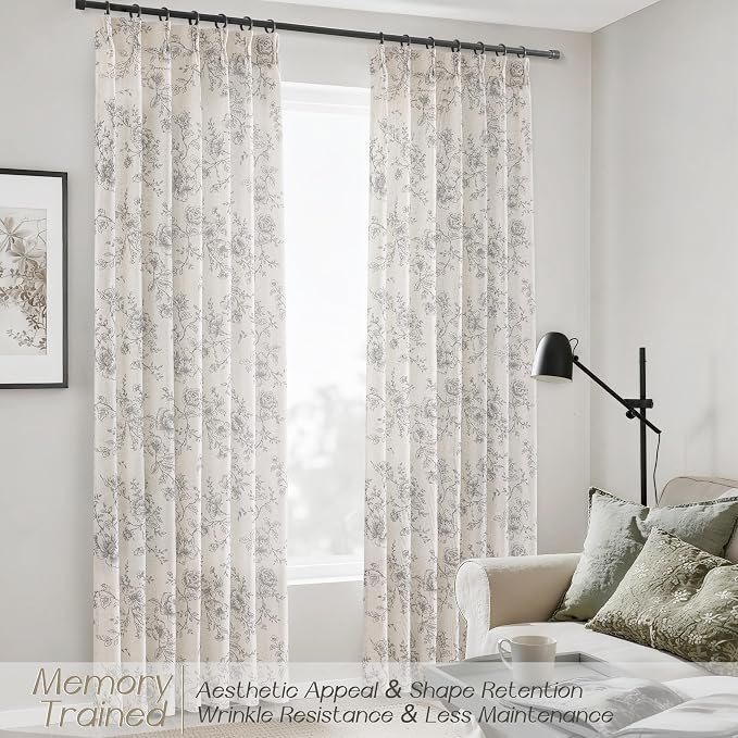 Meikelor Black Pinch Pleated Floral Curtains 84 inch Long for Living Room 70" W x 84" L