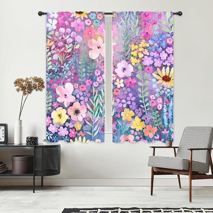 Riyidecor Purple Floral Curtains Rustic Boho Cute Wildflower Watercolor Plant Leaves Botanical Flower Spring Nature Rod Pocket Modern Bedroom Living Room Treatment Fabric 2 Panels 42Wx63H Inch