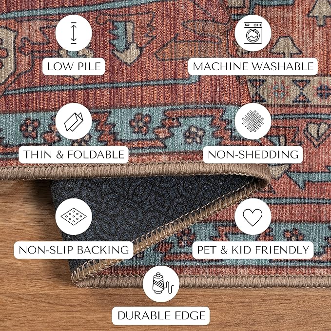 Brick Color Oushak Large Area Rug 8x10 - Washable Boho Rug Vintage Turkish Non-Slip Carpet Non-Shedding Extra Large Area Rugs for Living Room, Dining, Bedroom, Lounge, Farmhouse