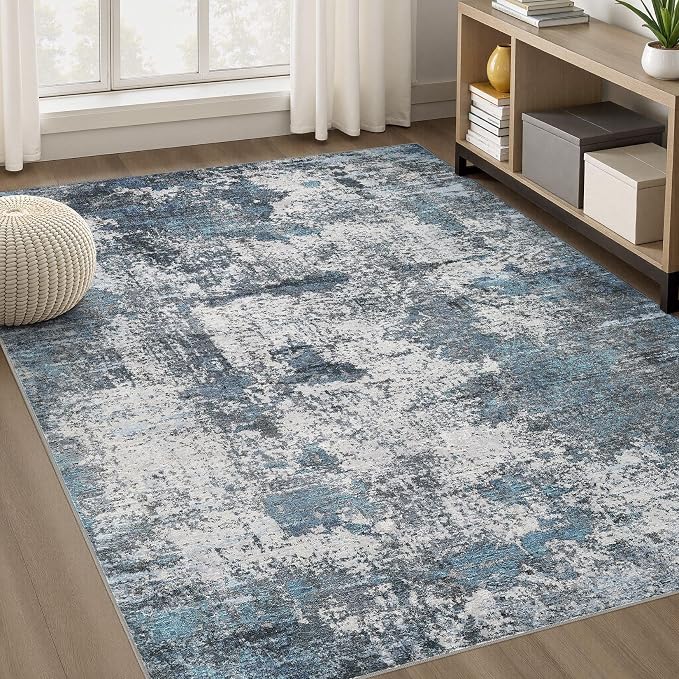 DMOYEST Area Rug Living Room Rugs - 5x7 Large Soft Indoor Neutral Modern Abstract Low Pile Washable Rug Carpet for Bedroom Dining Room Farmhouse Home Office - Grey Blue