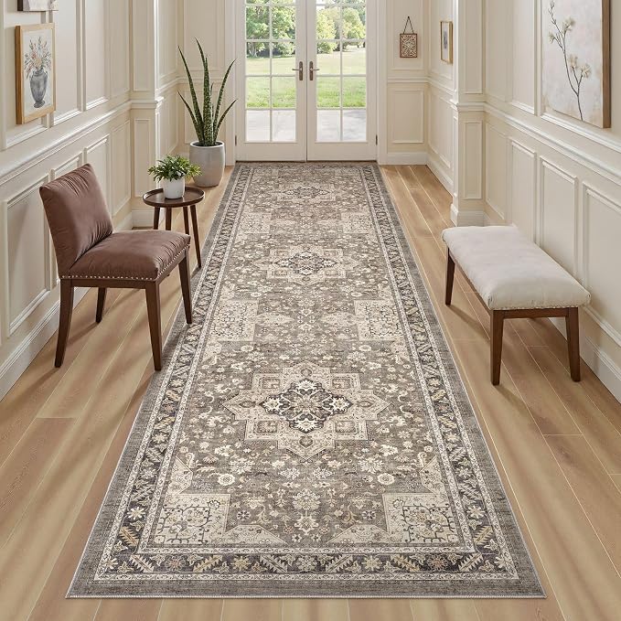Vintage Hallway Runner Rug 3x12: Large Soft Washable Entryway for Kitchen Laundry Room Non-Slip Backing Runner for Entrance Living Room Bedroom Bathroom - Brown