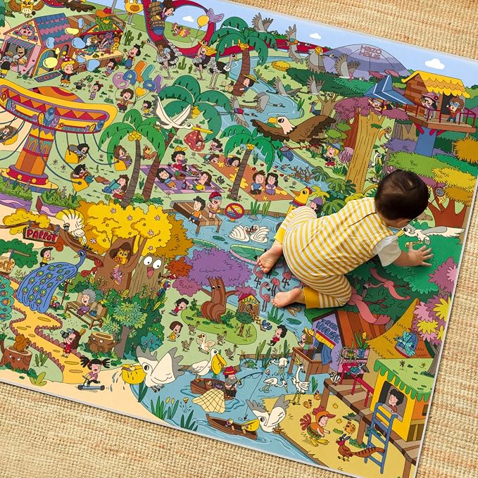 Hazo Haus Extra Large Jungle Explorer Rug 8x10 – Vibrant Cartoon Safari with Birds, Boats, Rides & Forest Scenes – Ideal for Playrooms, Classroom, Daycares, or Activity Spaces