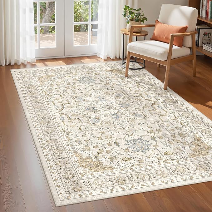 Area Rugs for Living Room - 3x5, Boho Non-Slip Low Pile Carpet Machine Washable Rugs for Bedroom Office, Dining Room (Beige)