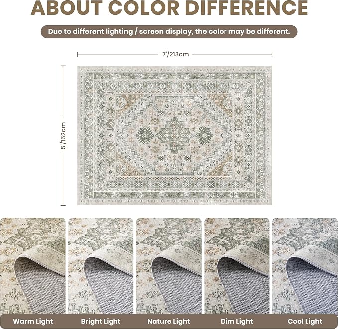 zesthome 5x7 Area Rugs - Ultra-Thin Washble Rug, Stain Resistant Anti Slip Backing Rugs for Living Room,Bedroom, Vintage Home Decor Area Rug (Brown/Grey,5'x7')
