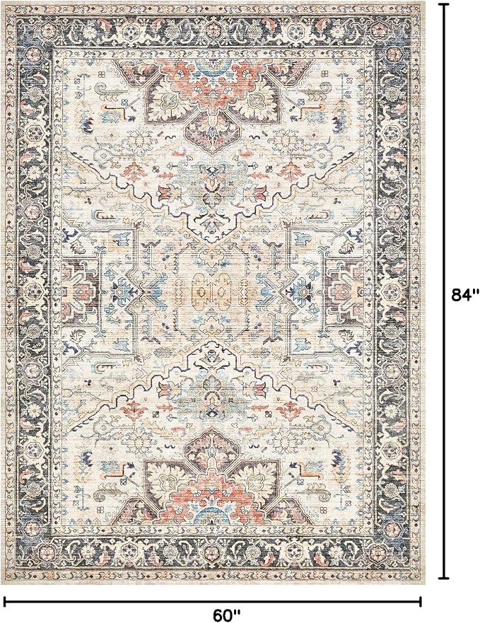 Area Rug 5x7 for Living Room - Washable Oriental Vintage Floral Distressed Large Indoor Carpets with Non Slip Back for Bedroom Dining Room Nursery Office Home Decor -Multi