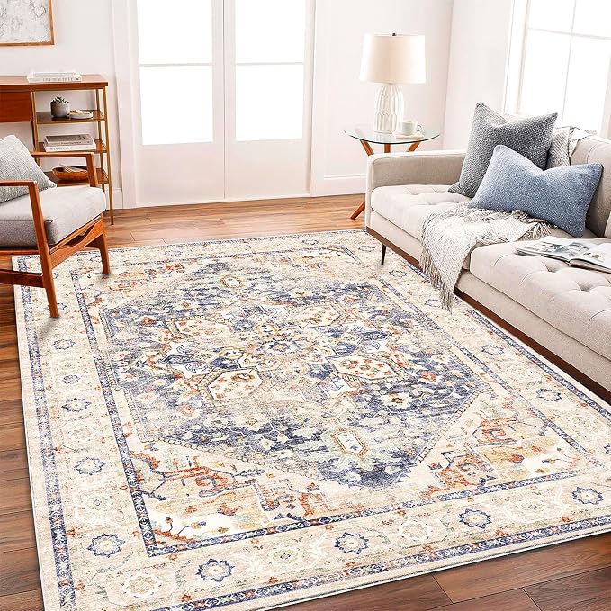 CHAMPLANT Washable Area Rug 8'x10' Blue Khaki Retro Boho Design Non-Shedding Non-Slip Easy Care Ideal for High Traffic Areas in Living Room Bedroom Office Coffee Table Kitchen Large Carpet