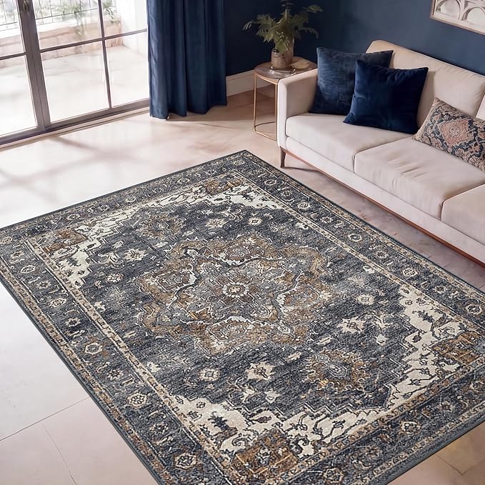 Keen Home Design 48"x72" Rug - Machine Washable Area Rug with Non-Slip Backing, Ideal for Living Room, Dining Room, Bedroom - Vintage, Easy Clean, Durable, Low Pile Rug - (4' x 6')