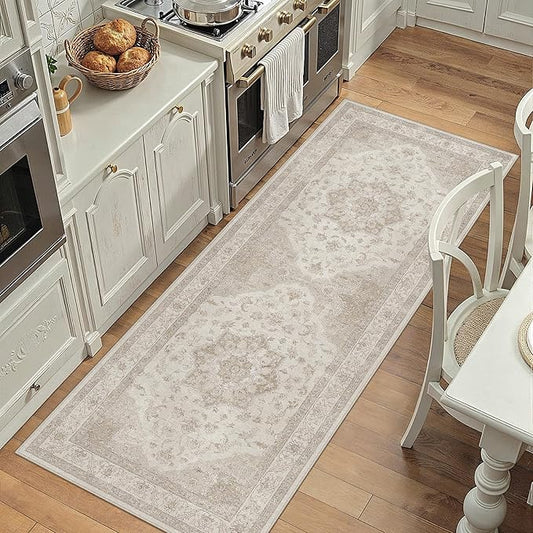 PureCozy Beige Area Rug 2x4 Washable Vintage Carpet Entryway Kitchen Soft Retro Low Pile Thin Door Mat Non Slip Oriental Medallion Throw Small Rug for Bathroom Office Bedroom Dining Room