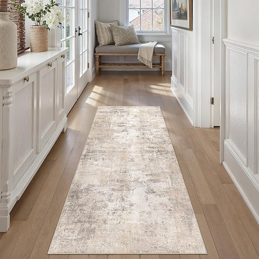 2'6x8 Washable Runner Rug Beige Grey Abstract Non Slip Soft Low Pile Hallway Kitchen Rug Neutral Modern Carpet for Laundry Bathroom Bedroom Living Room Home Decor