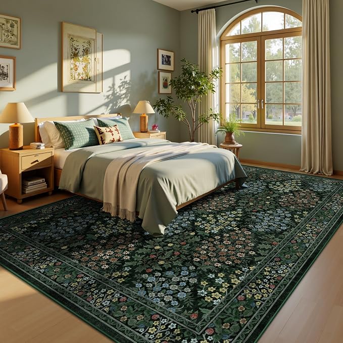 8x10 Area Rugs, Green Washable Low Pile Floral Rugs for Living Room, Bedroom, Large Boho Area Rug with Non-Slip Backing for Dining Room