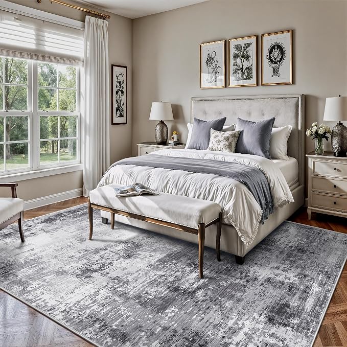 Living Room Rug 6x9, Abstract Modern Ultra Soft Washable Rug, Non Slip Carpet with Rubber Back Stain Resistance Rugs for Bedroom, Dining Room Decor(Black & Grey)