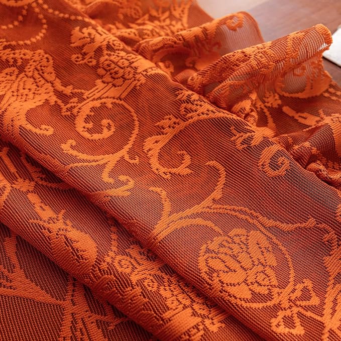 TUDECO Lace Orange Curtains for Living Room 108 Inches Long - Cottage Core Floral Sheer Long Rust Colored Curtains 2 Panels, Rod Pocket Privacy Orange Bedroom Decor, 59W x 108L Inch