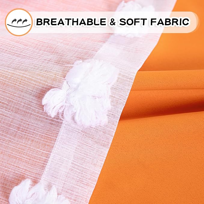 MYSKY HOME Orange Curtains 90 Inch Long for Living Room Nursery Curtains for Bedroom Double Layer Curtains White Pom Pom Sheer Curtains for Dining Room Grommet Room Darkening Window Panels 52" x 90"