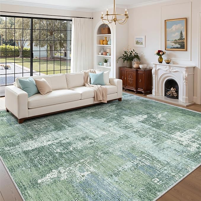 Valenrug Washable Rugs 6x9 - Ultra Thin Stain Resistant 6x9 Rugs for Living Room, Non Slip Backing 0.25" Low Pile Abstract Rugs for Bedroom, Folable Machine Washable Area Rug(6'x9', Sage Green)