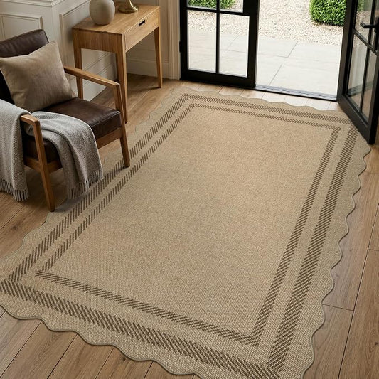 LIVEBOX Scalloped Easy Jute 4x6 Outdoor Rug, Washable Non Slip Geometric Area Rugs for Living Room Bedroom, Indoor Outdoor Farmhouse Rug Modern Carpet Door Mat Tan Rugs for Patio Dining Room Entryway