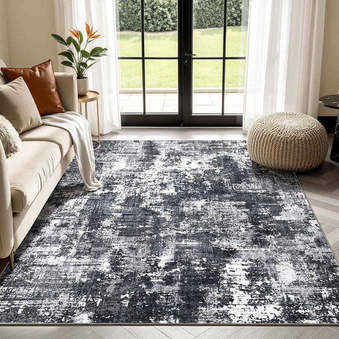 Sasttie 5x7 Soft Area Rug for Living Room, Modern Abstract Washable Carpet for Bedroom, with Non-Slip Backing, Black and White