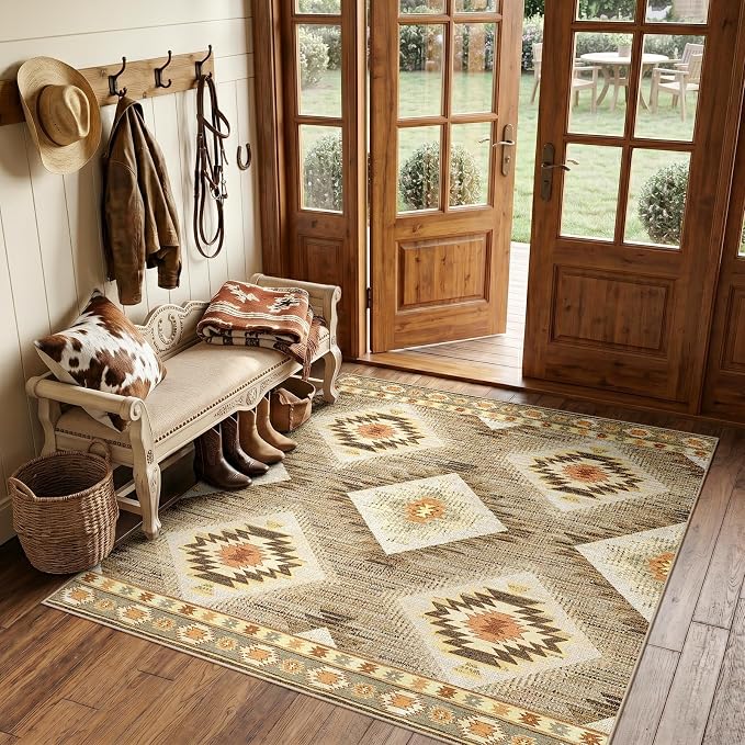 BESTSWEETIE Area Rug 6x6 Rug Machine Washable Non-Slip Low Pile Print Pattern Western Rug for Living Room Bedroom Entryway Tribal Series -Cream/Camel