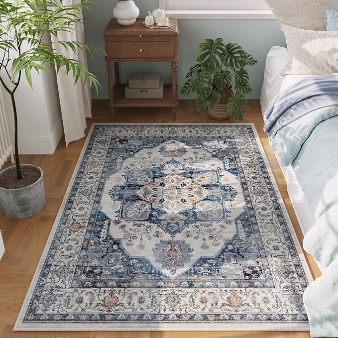 Rugcomf Vintage Medallion 4'x6' Rug - Machine Washable Area Rug, Non-Slip Low Pile Boho Carpet for Girl/Boys Room, Living Room, Kids, Entry - Blue