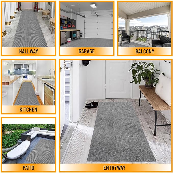 Ottomanson 6'6" x 36' Hallway Runner with Scraper Pile - Extra Durable Non-Slip Rug Mat for Indoor & Outdoor Use - Ideal for Kitchen, Entryway & Garage - High-Traffic Carpet, Gray