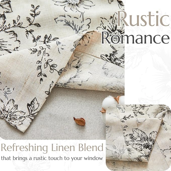 jinchan Linen Valance Curtain Farmhouse Black Floral Small Window Curtain Double Layer Light Filtering Fall Valance for Kitchen Rustic Biege for Living Room Bedroom 18 Inch Rod Pocket One Panel