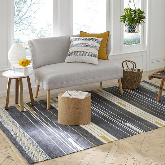 Fab Habitat Machine Washable Area Rug - Hand Woven, Stain Resistant, Pet Friendly - Premium Recycled Polyester Yarn - Stripes - Bedroom, Living/Dining Room - Austin - Black Multi - 5 x 8 ft