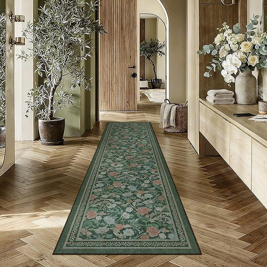 HUGEAR Retro 2x8 Runner Rugs Washable Hallway Rug Vintage Floral Throw Carpet Green Stain Resistant Non Slip Low Pile for Home Aesthetic Modern Decor
