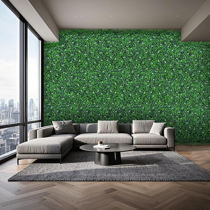 Yangrass Grass Wall Panels Roll, 40"x120" (33.33 sqft) Artificial Ivy with White Flower, UV-Anti Faux Boxwood Grass Wall Greenery Panels for Garden Patio Balcony Decor