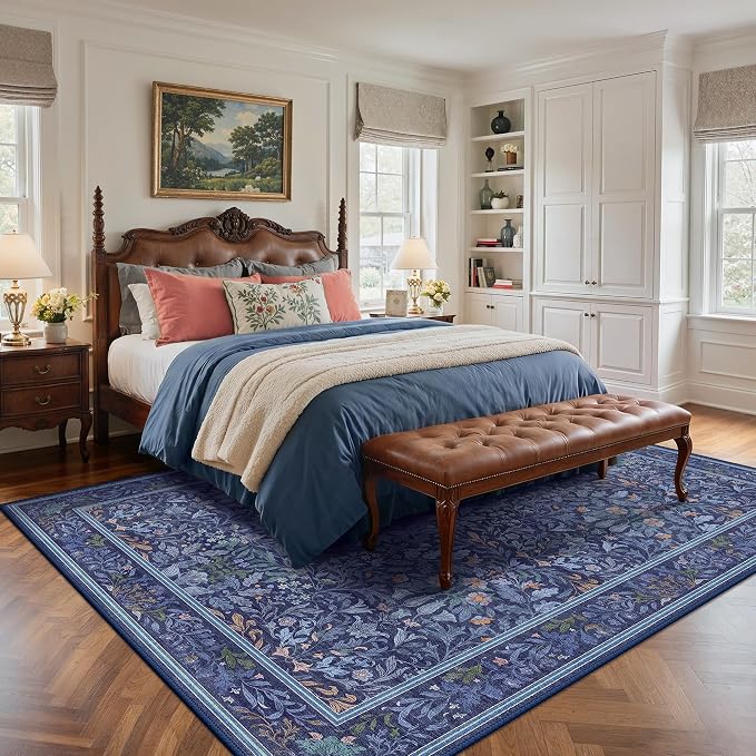 GENIMO 8x10 Washable Area Rugs for Living Room, Non Slip, Blue | Vintage Boho Floral Low Pile Thin Carpet for Bedroom, Dining Room, Nursery, Indoor Decor