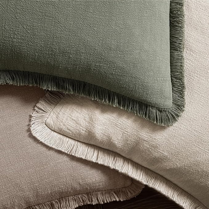 MIULEE Decorative Throw Pillow Covers Neutral Linen Fringe Throw Pillows Euro Shams Set of 2 Dune Boho Farmhouse Cushion Covers for Couch Sofa Bed Living Room Fall Home Decor 22x22 Inch