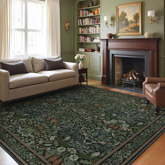 GENIMO 9x12 Washable Area Rug for Living Room, Non Slip, Dark Green | Vintage Boho Floral Low Pile Thin Carpet for Bedroom, Dining Room, Nursery, Indoor Decor