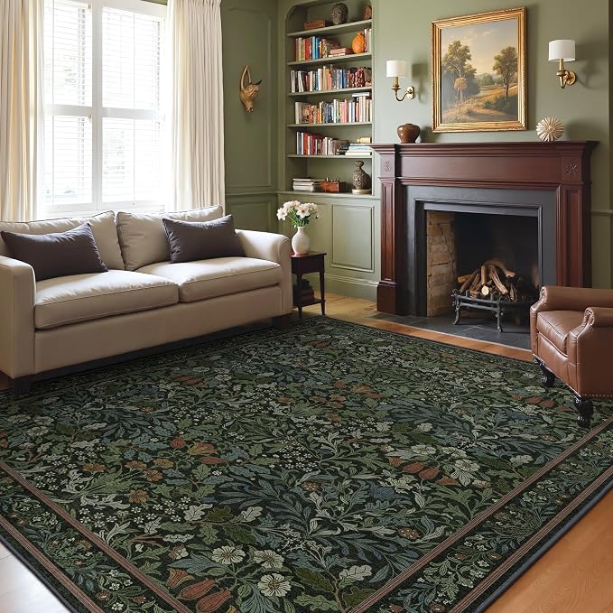 GENIMO 8x10 Washable Area Rugs for Living Room, Non Slip, Dark Green | Vintage Boho Floral Low Pile Thin Carpet for Bedroom, Dining Room, Nursery, Indoor Decor