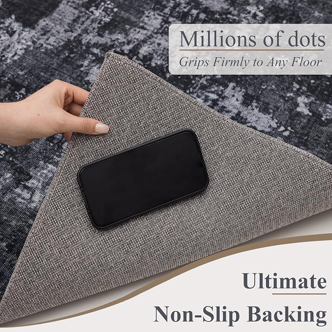 Sasttie 2x8 Soft Runner Rug for Entryway, Modern Abstract Washable Carpet for Hallway, Kitchen and Laundry Room, with Non-Slip Backing, Black and Grey